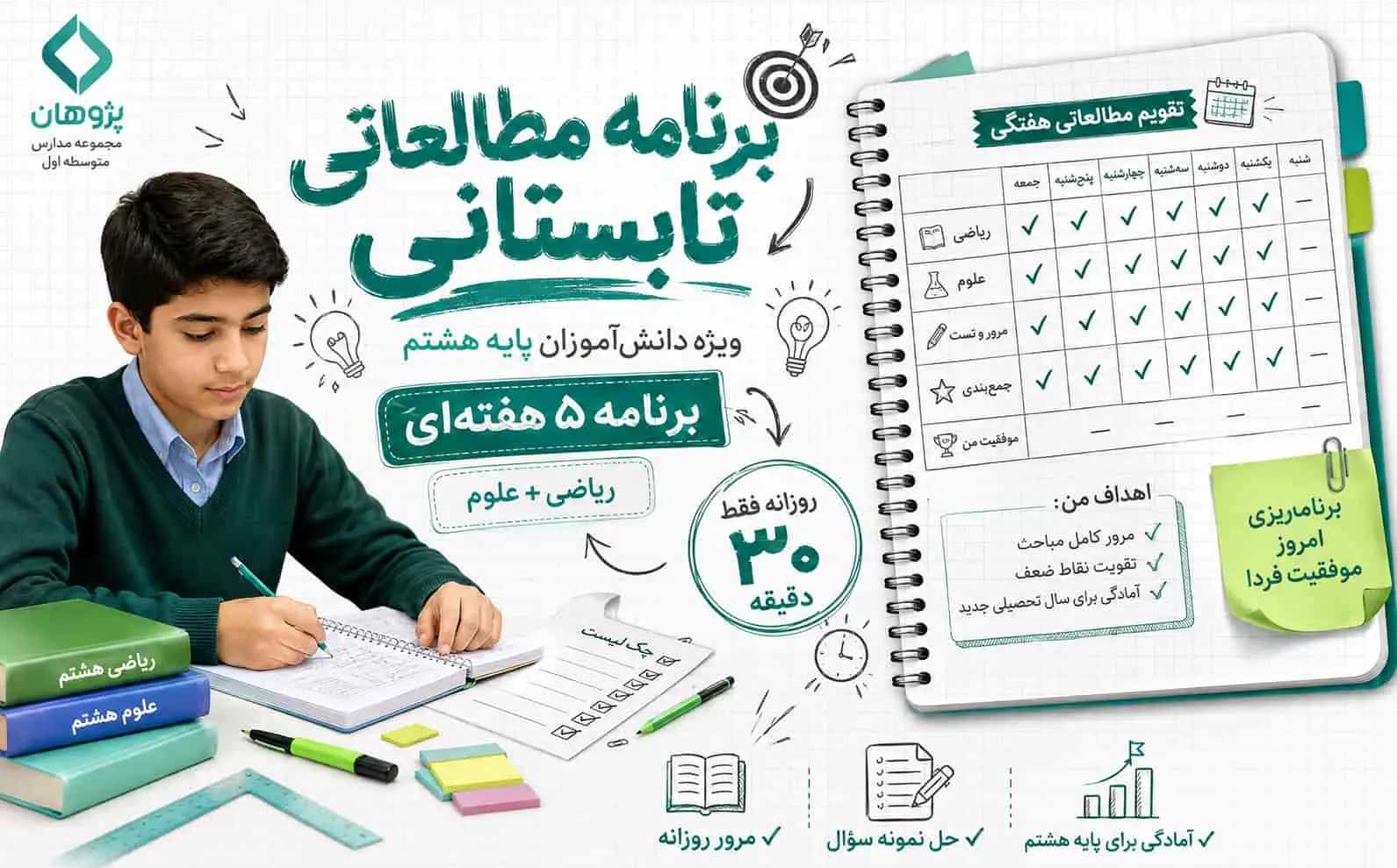 برنامه مطالعاتی تابستانی پایه هشتم | برنامه 5 هفته‌ای موفقیت در سال تحصیلی جدید