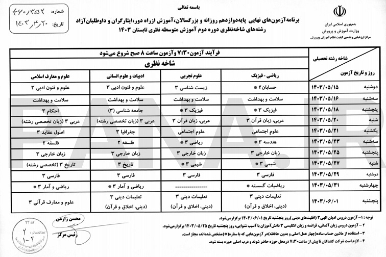 جزئیات کامل آزمونهای نهایی تابستان دانشآموزان پایه دوازدهم