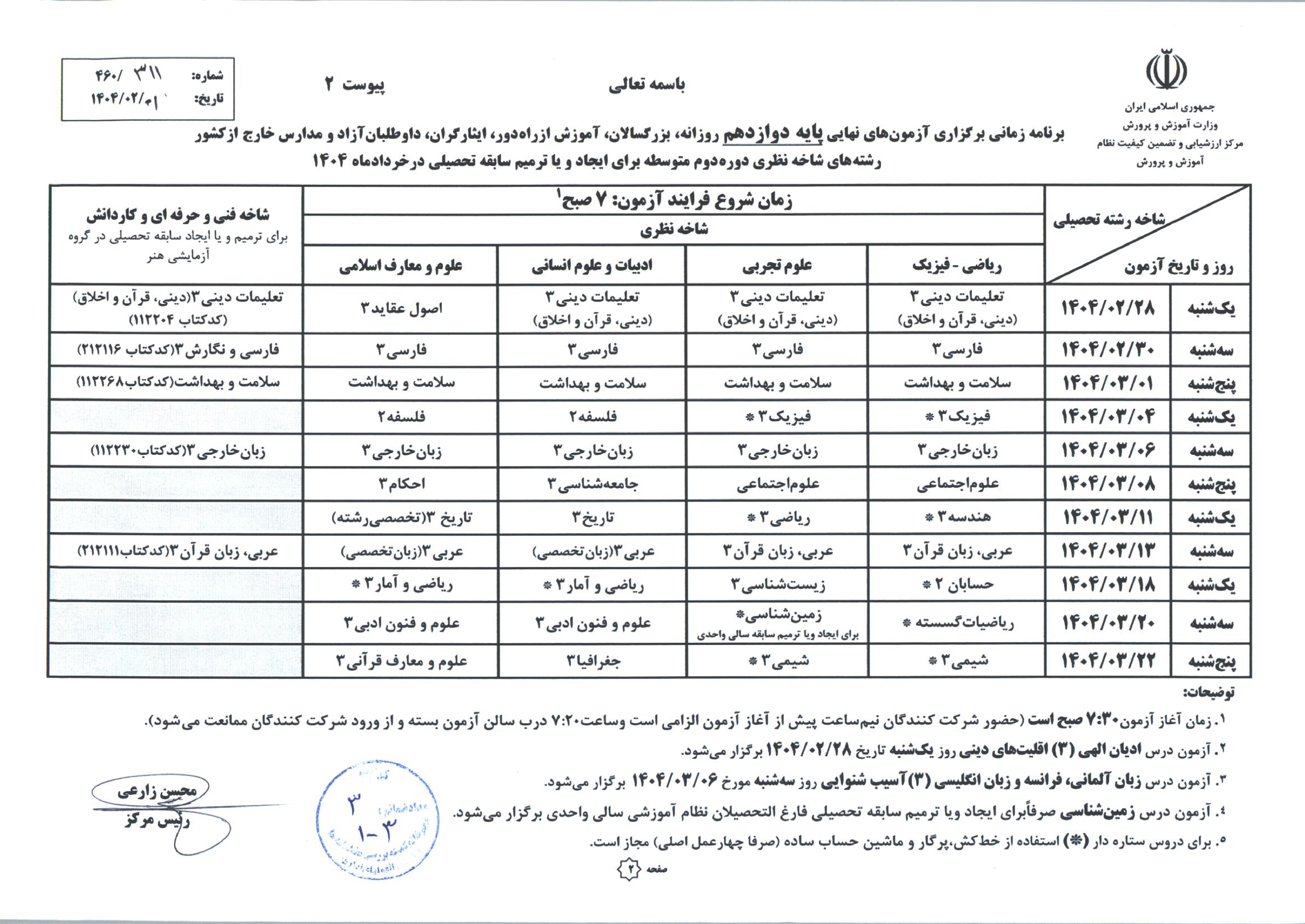 برنامه امتحان نهایی پایه دوازدهم 1404