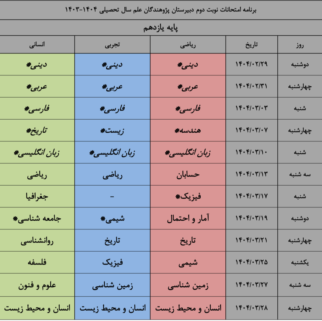 برنامه امتحانات خرداد ۱۴۰۴پایه یازدهم