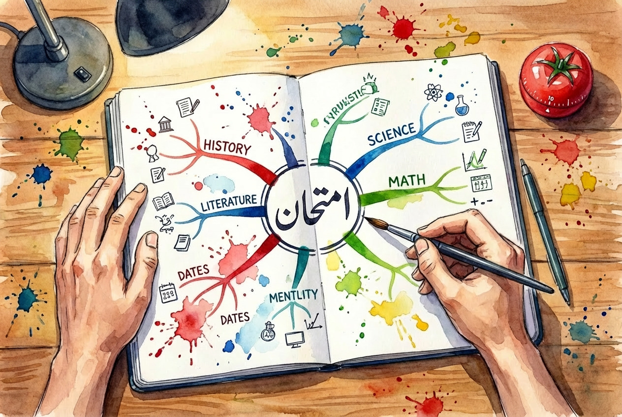 نمونه نقشه ذهنی رنگی رسم شده توسط دانشآموز برای خلاصه نویسی