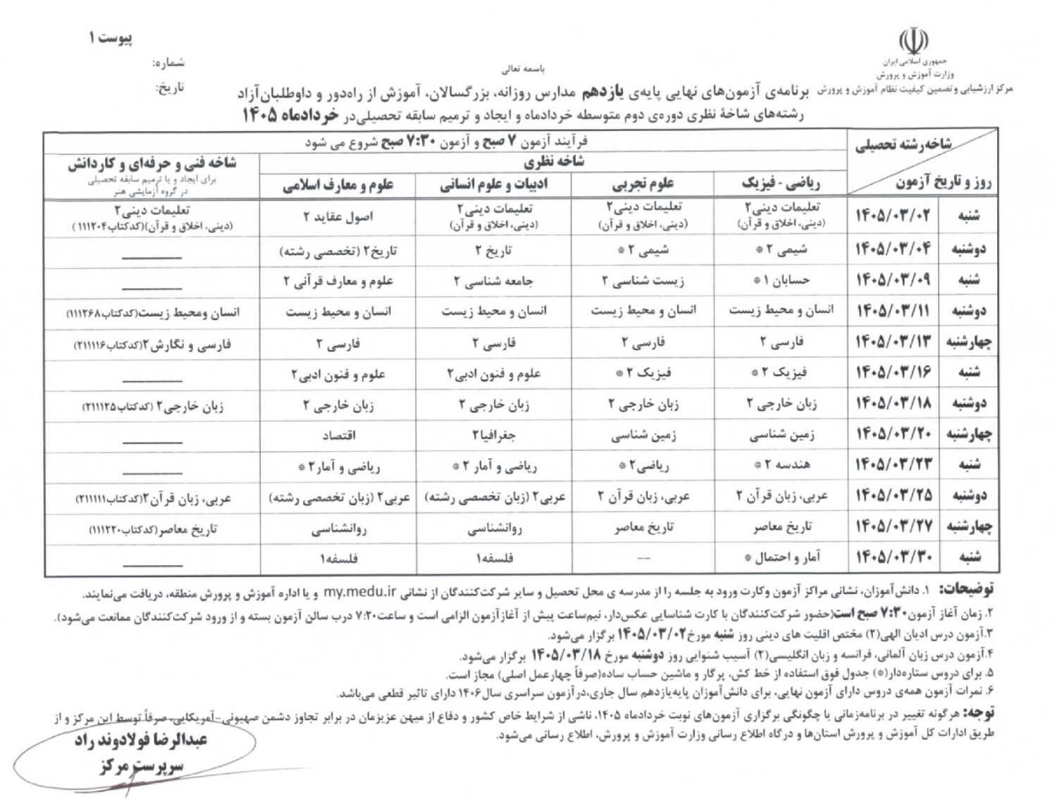 برنامه امتحانات نهایی پایه یازدهم خرداد 1405 برای رشته های مختلف