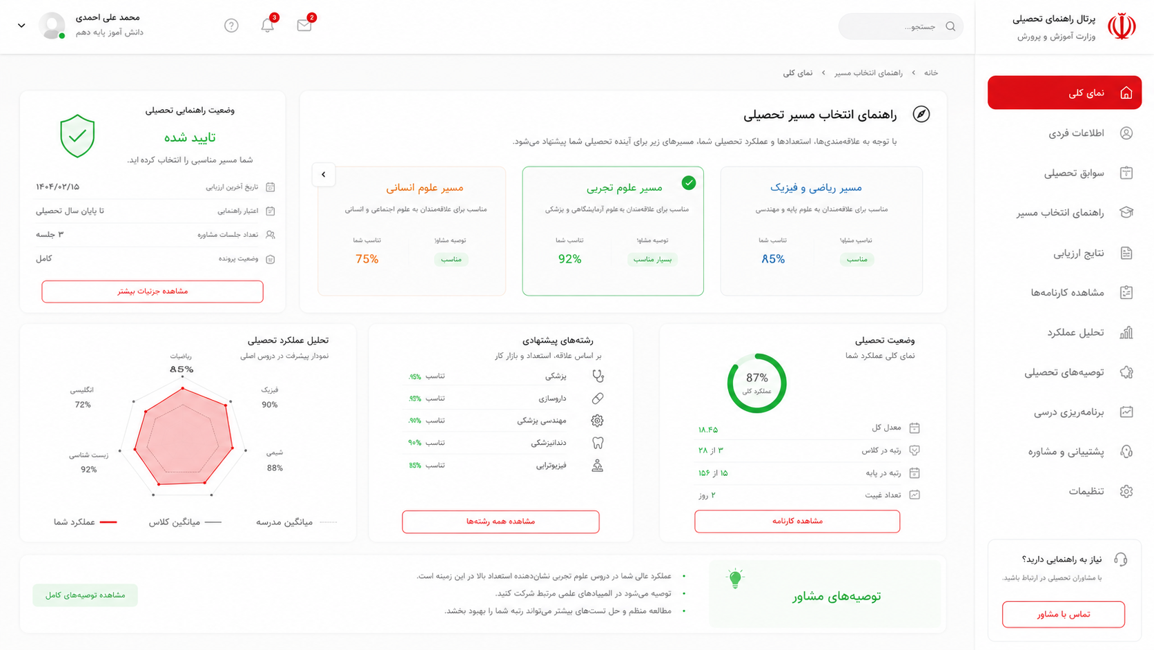 نمایش فرم هدایت تحصیلی و اولویت الف در مای مدیو