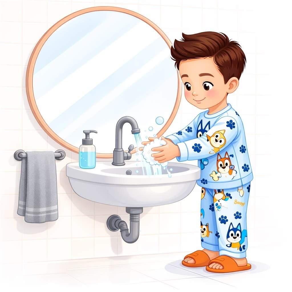 کودک در حال شستن دست ها و خود مراقبتی