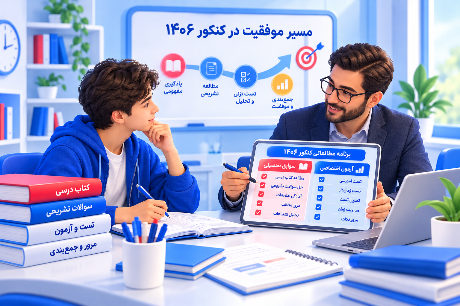 جلسه مشاوره تحصیلی و بررسی برنامه کنکور 1406 برای تعادل بین سوابق تحصیلی و آزمون اختصاصی